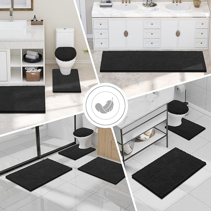 Smiry Luxury Chenille Bathroom Rugs 47x17, Extra Soft and Absorbent Shaggy Bath Mat, Machine Washable, Non-Slip Plush Carpet Runner for Tub, Shower, and Floor, Home Decor Accessories, Black