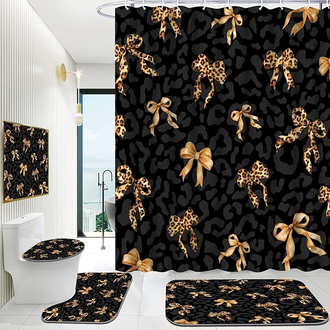 Onalasyc 4Pcs Black Brown Leopard Bow Print Shower Curtain Sets with Rugs, Sexy Modern Black Brown Leopard Bow Waterproof Bathroom Shower Curtain Decor Set with 12 Pcs Hooks,71 x 71in
