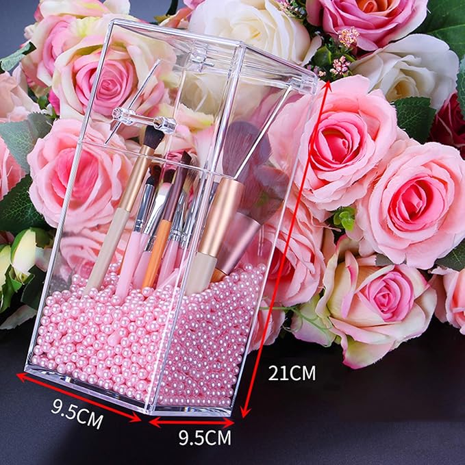 Makeup Brush Holder With Lid Cosmetic Brush Organizer Display Case Dustproof Cosmetics Brush Storage Container with Free Pearls