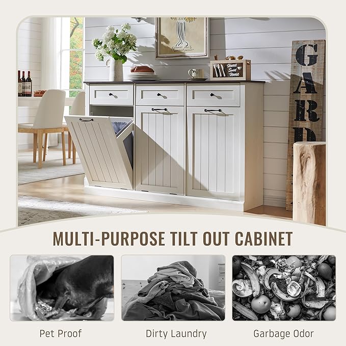 IFBUY Triple Tilt Out Laundry Hamper Cabinet, 20 Gallon Farmhouse Trash Can Cabinet w/Drawer & Adjustable Shelf, Hidden Garbage Can Bin Cabinets w/Laundry Basket for Bathroom, Kitchen (Antique White)