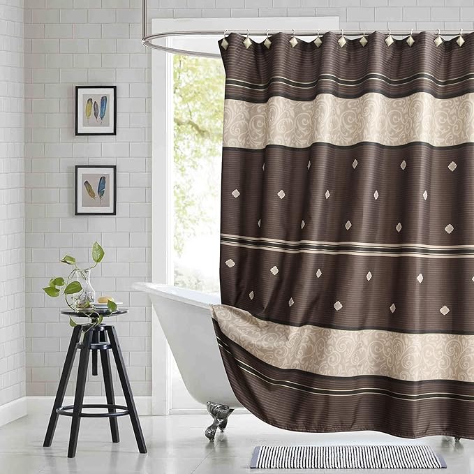 Stall Fabric Shower Curtain, Brown Black Tan Striped Shower Curtains for Bathroom, Waterproof Bathroom Curtains, 54" W x 72" H