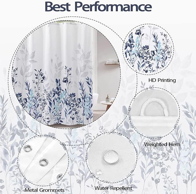 Neasow Blue and Grey Shower Curtain, Watercolor Floral Bathroom Curtain Teal and White 72×72 inches