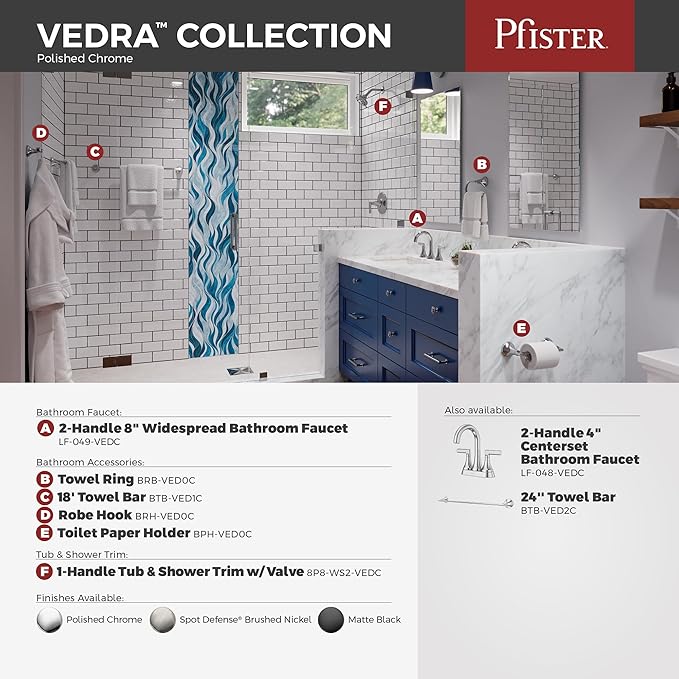 Pfister Vedra Towel Ring, Hand Towel Holder for Bathroom, Wall-Mounted, Screw-in, Polished Chrome Finish, BRBVED0C