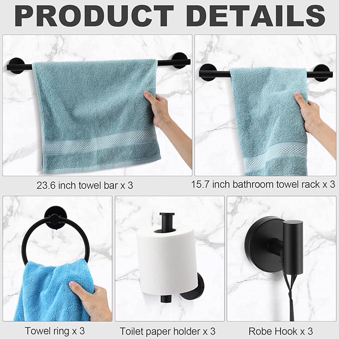 Gisafai 15 Pcs Black Bathroom Accessories Hardware Set Towel Racks for Bathroom SUS304 Stainless Steel 23.6 Inch Brushed Towel Bar Ring Toilet Paper Holder Robe Hooks for Wall Mounted