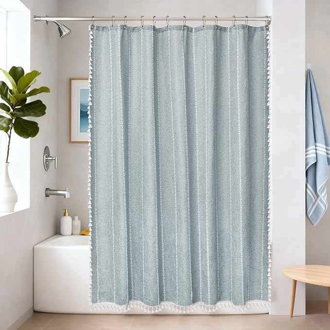 Boho Chic Shower Curtain Heavyweight with Tassels, 72 x 72 inch Sky Blue Linen Textured Fabric Shower Curtain, Country Farmhouse Striped Bathroom Decor Curtain Water Repellent
