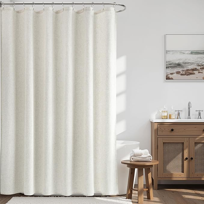 Neutral Extra Long Linen Shower Curtains 76 Inches Long for Bathroom Neutral Boho Farmhouse Water Repellent Vintage Country Style Rustic Decor Bath Drapes with Hooks 72x76