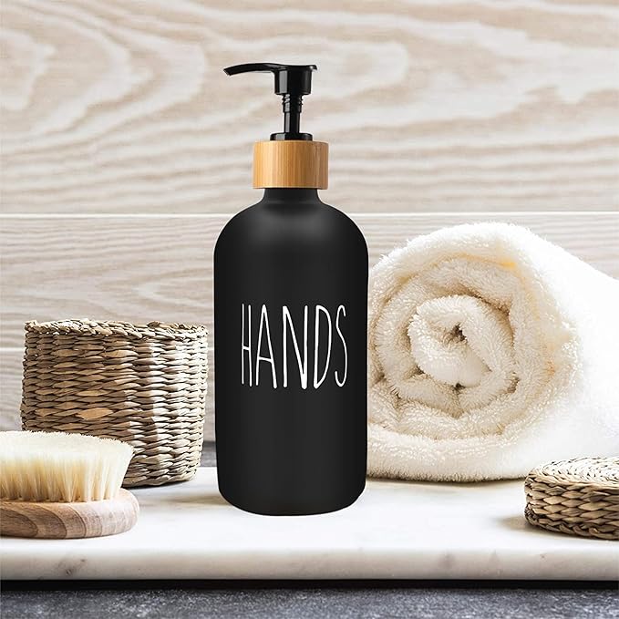 Sunrise Premium 16 OZ Thick Black Glass Soap Dispenser, Bamboo Pump with Tray 2 Pack, Hand and Dish Soap Dispenser Set for Bathroom with 6 Waterproof Labels