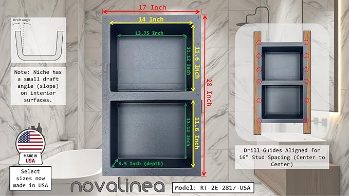 Ready-to-Tile Rectangular Shower Niche – 28" x 17" Double Equal Shelves – Made in USA – Recessed Bathroom Storage