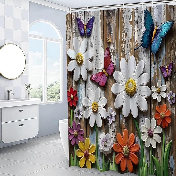 ZLQQ 4Pcs Daisy Butterfly Shower Curtain Sets with Rugs Garden Bathroom Set with Non-Slip Rugs Toilet Lid Cover and Bath Mat Vintage Shower Curtain with 12 Hooks, Durable Bathroom Decor Set
