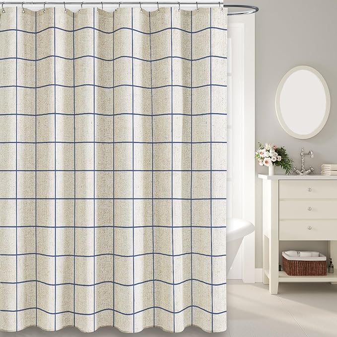 Farmhouse Plaid Shower Curtain Beige Linen Shower Curtains for Bathroom Natural Blue Pattern 72 x 72 Inch