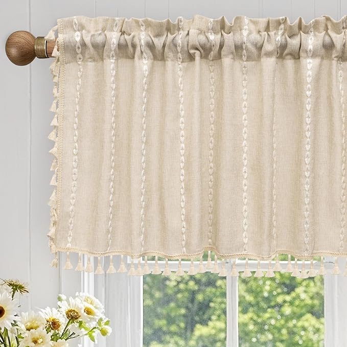 Boho Farmhouse Linen Valance Curtain, 52x18 inch Soft Light Filtering & Privacy Window Valance with Tassels for Living Room Kitchen Bathroom, Rod Pocket, Beige Cream