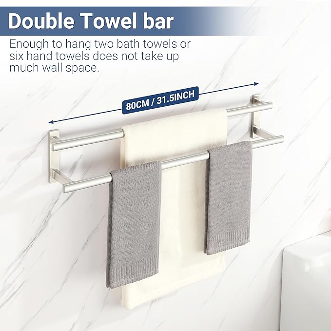 SAYAYO Double Towel Bar for Bathroom, 31.5 Inch Brushed Nickel Bath Towel Rack Towel Holder Wall Mounted, SUS304 Stainless Steel