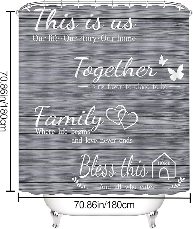 juwute 4Pcs Family Shower Curtain Sets with Non-Slip Rugs, Toilet Lid Cover and Bath Mat, Grey Home Bathroom Decor Set Accessories Waterproof Shower Curtains with 12 Hooks, 72 x 72 Inch