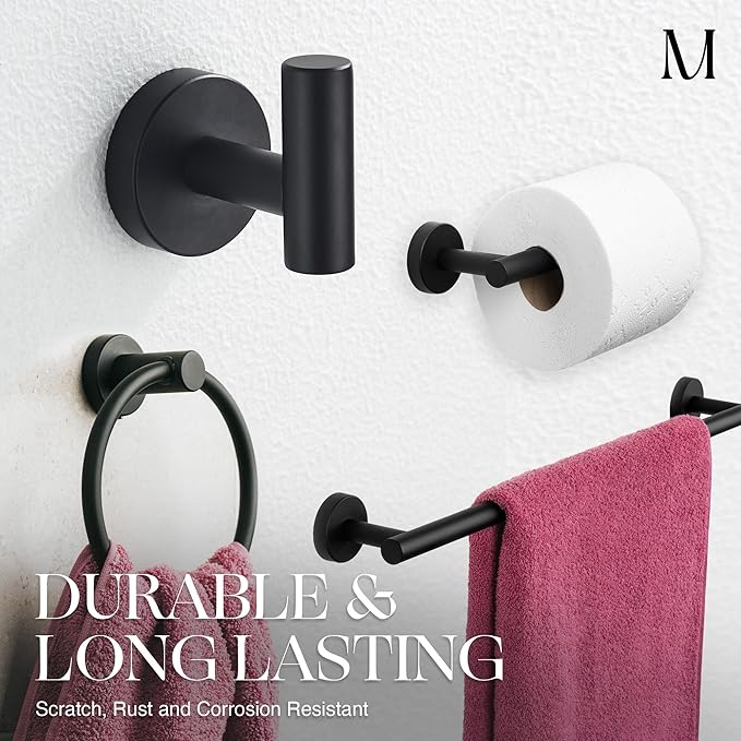 Marmolux Acc - 4 Piece Matte Black Bathroom Hardware Set - Towel Rack Set, Towel Holder & Wall Mounted Fixtures - Stainless Steel Matte Black Accessories