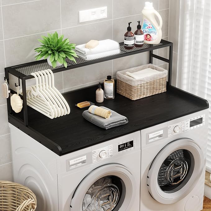 Washer Dryer Countertop with Shelf, Washer Dryer Topper, Solid Wood Washers and Dryers Countertop, 54" Width x 27.5" Depth Laundry Countertop for Laundry Room Organization and Storage, Black