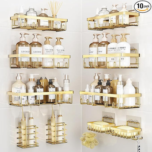 Liuoud 10 Pack Shower Caddy Organizer Rack Shelf for Inside Shower, Self Adhesive Wall Storage Basket Rustproof Stainless Steel Shampoo Holder Bathroom Accessory Decor Set, Gold