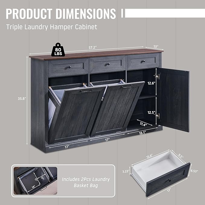 IFBUY Triple Tilt Out Laundry Hamper Cabinet, 20 Gallon Farmhouse Trash Can Cabinet w/Drawer & Adjustable Shelf, Hidden Garbage Can Bin Cabinets w/Laundry Basket for Bathroom, Kitchen (Dark Grey)