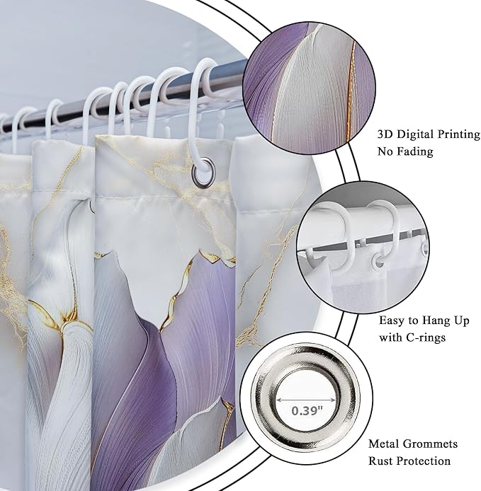 Riyidecor Purple Gold Marble Floral 4Pcs Bathroom Shower Curtain Sets Modern Abstract Flower Bathroom Decor Set with Rugs and Accessories Minimalist Toilet Lid Rug, Contour and Bath Mat with 12 Hooks