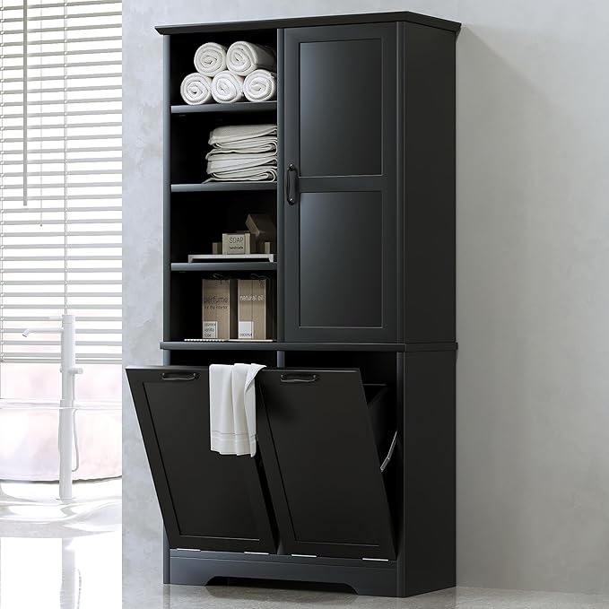 Merax Cabinet with Tilt-Out Laundry Hamper Basket, Tall Bathroom Storage Organizer Linen with Open Shelf for Home, Freestanding, Black