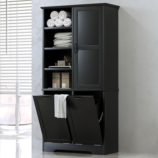 Merax Cabinet with Tilt-Out Laundry Hamper Basket, Tall Bathroom Storage Organizer Linen with Open Shelf for Home, Freestanding, Black