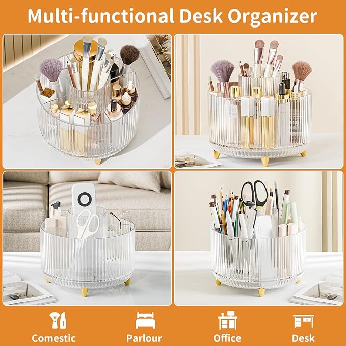 Clear Rotating Makeup Organizer Countertop for Vanity, 360?? Makeup Brush Holder Organizer with 5 Compartments, Transparent Cosmetic Storage for Lipstick, Skincare, Bathroom Counter(Transparent)