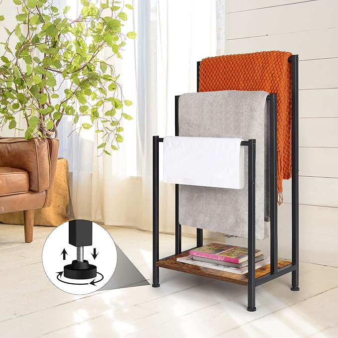 Towel Rack Freestanding, Standing Towel Rack for Bathroom, 3 Tier Towel Rack Stand, Freestanding Towel Holder Floor, Metal Towel Bar Stand, Blanket Rack Stand for Bedroom, Rustic Brown