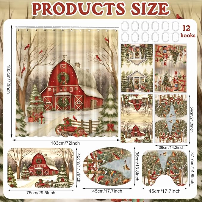 FuWeave 8 Pcs Christmas Shower Curtain Set Xmas Santa Bathroom Decoration Christmas Tree Hand Towels Snowman Toilet Lid Cover Bathroom Rugs Xmas Shower Curtain with Hooks(Farmhouse Style)