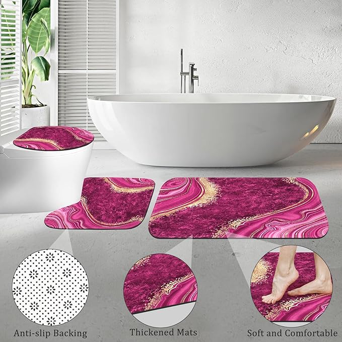 4PCS Pink Gold Marble Bathroom Sets with Shower Curtain and Rugs, Hot Pink Shower Curtain Sets with Rugs, Abstract Bathroom Curtains Shower Set with Accessories