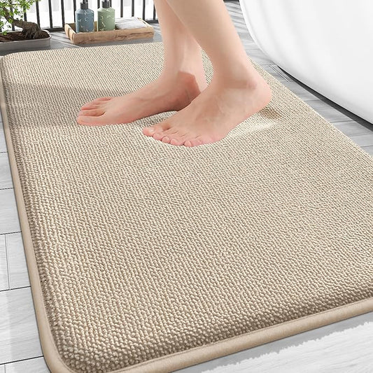 OLANLY Thick Memory Foam Bath Mat Rug 30x18, Extra Soft Absorbent Bathroom Rug, Quick Dry Bath Mats, Non-Slip, Machine Washable Carpet for Bathroom, Tub and Shower, Home Decor Accessories, Beige