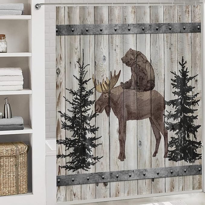 Funny Wildlife Bear Riding Moose Shower Curtain Sets with Rugs 4 Piece Accessories Bathroom Curtains Shower Set Include Shower Curtain Non-Slip Rug Toilet Lid Cover Bath Mat One Size