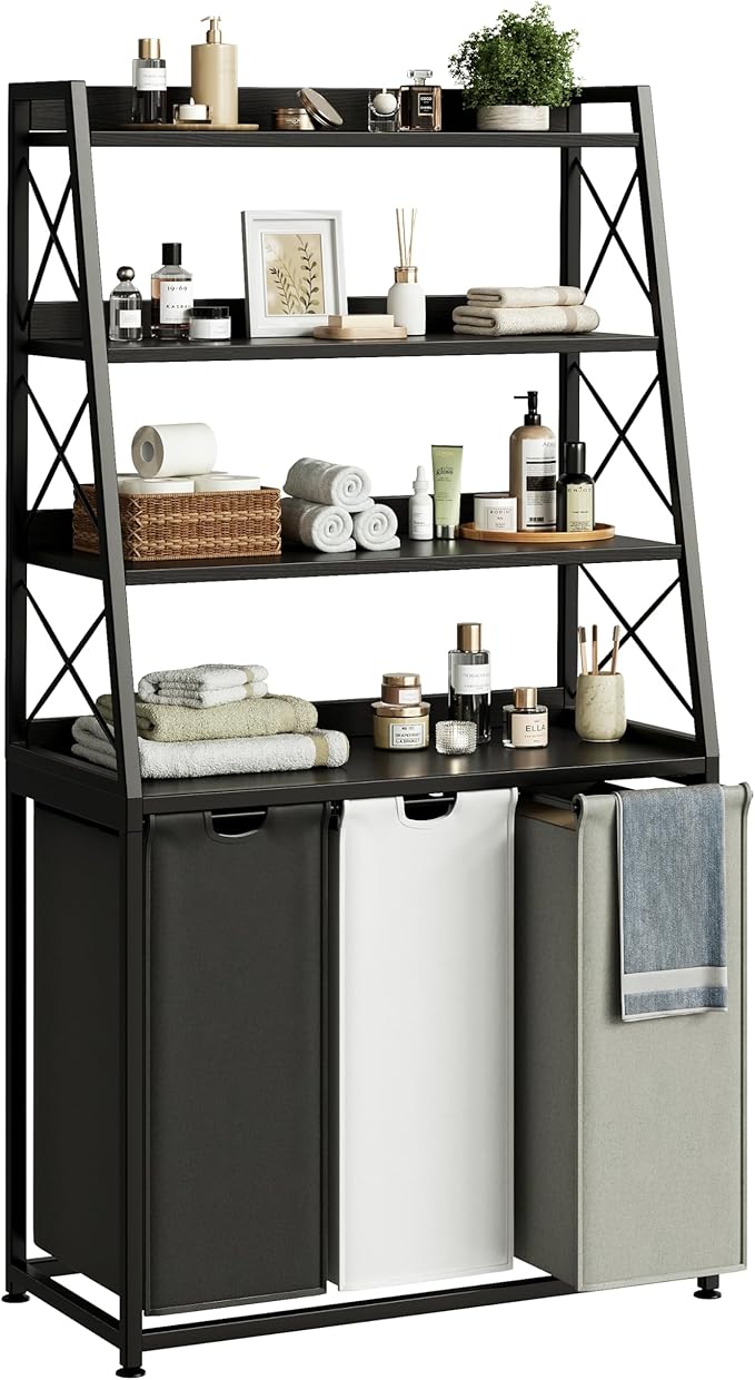 Herture Laundry Basket, 3 Section Laundry Hamper with 4 Tiers Shelf, Pull-Out and Removable Laundry Bags, Large 3 x 15.87 Gallons, for Laundry Room Bathroom Black PF05XLK
