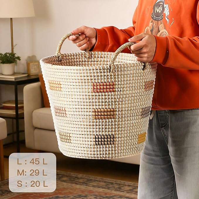 Laundry Hamper Basket 3-Piece Set with Handles - Large (45L), Medium (29L), Small (20L) - Natural Seagrass Woven Storage Bins for Clothes, Blankets, Toys, Bedroom & Bathroom Organization
