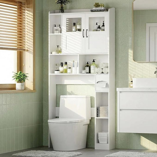 Freestanding Over-Toilet Storage Cabinet with Adjustable Shelves – Wall-Mounted Space-Saving Organizer for Bathroom, Laundry Room & Restroom, Easy Assembly with Anti-Tip Kit, White