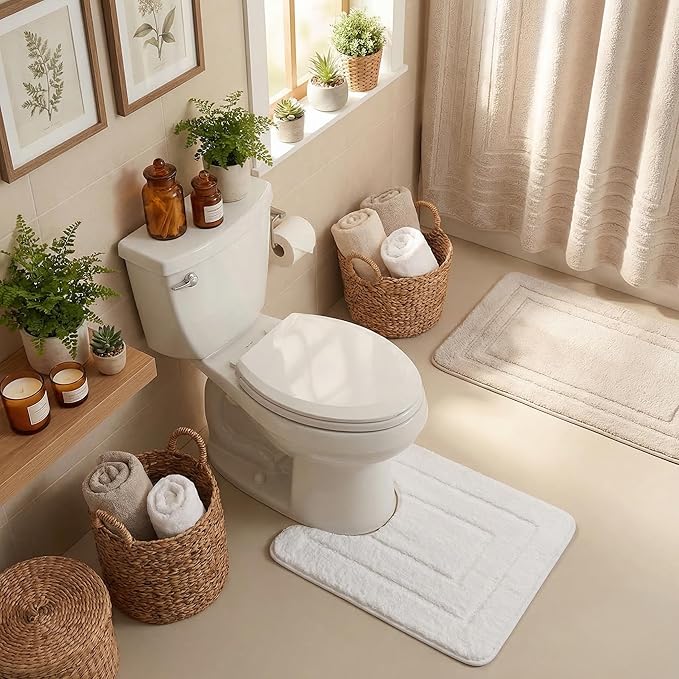 GRANNY SAYS Bathroom Toilet Rugs U Shaped, Bath Mats for Bath, Bathroom Rugs Non Slip Washable, Absorbent Microfiber Toilet Mat, Soft Plush Shaggy Bath Carpet, 20" x 24", White