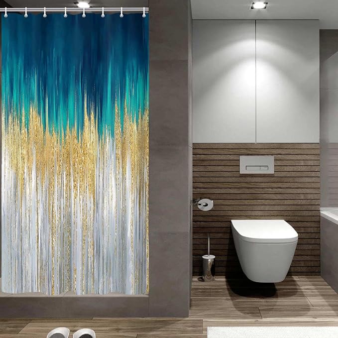 JAWO Abstract Teal Blue Shower Curtain, Lake Blue Boho Ombre Minimalist Chic Art Shower Curtains, Modern Neutral Contemporary Striped Brush Strokes Tan Art Waterproof Bathroom Curtain with 12 Hooks