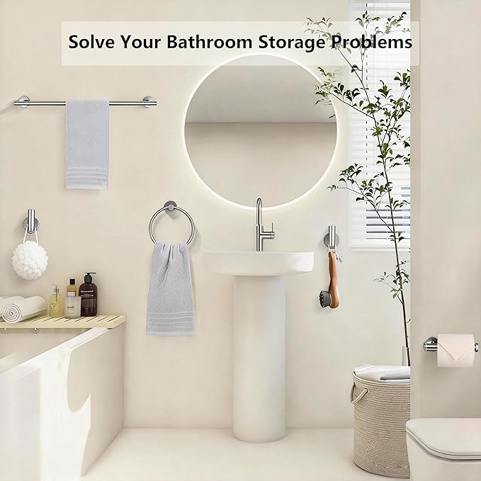 5-Piece Bathroom Hardware Set, Brushed Nickel SUS304 Stainless Steel Bathroom Accessories, 24" Towel Bar, Toilet Paper Holder, Towel Ring & 2 Robe Hooks, Wall Mounted, Rustproof Modern Design