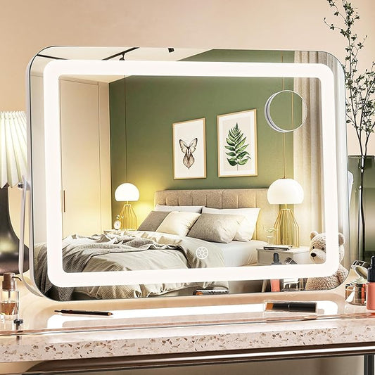 MINISO Vanity Mirror with Lights, 15.8" x 11.8" LED Makeup Mirror, Light & Brightness Adjustment, Smart Sensor, Aluminum Alloy Metal White Frame, with 5X Magnifying Glass
