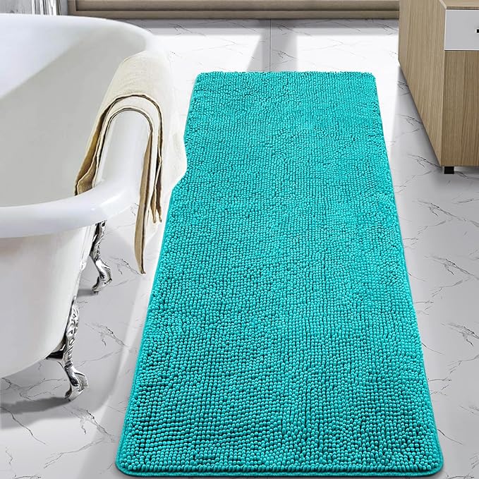LOCHAS Luxury Bathroom Rug Shaggy Bath Mat 24 x 48 Inch, Washable Non Slip Bath Rugs for Bathroom Shower, Soft Plush Chenille Absorbent Carpets Mats, Teal Blue