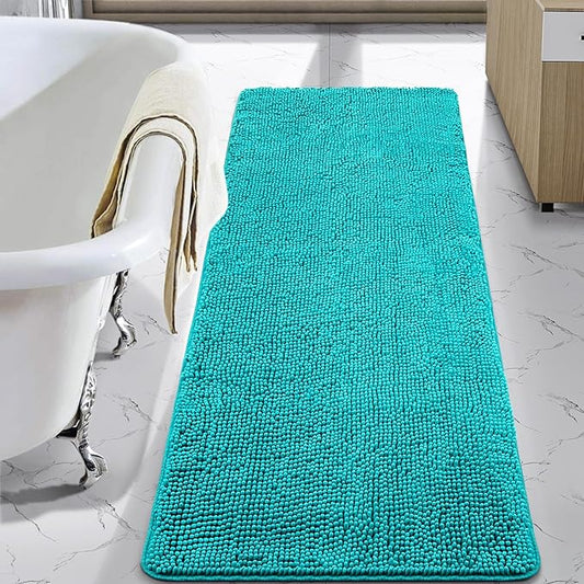 LOCHAS Luxury Bathroom Rug Shaggy Bath Mat 24 x 48 Inch, Washable Non Slip Bath Rugs for Bathroom Shower, Soft Plush Chenille Absorbent Carpets Mats, Teal Blue