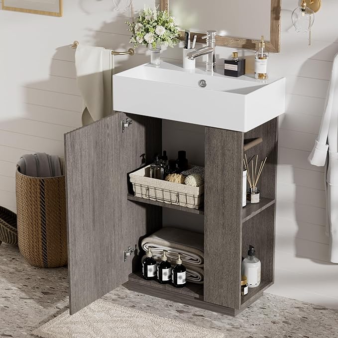 Virubi 21.6" Small Fluted Bathroom Vanity with Sink,Soft Closing Doors and Storage Shelves,Natural Wood Single Bathroom Sink Cabinet Combo Freestanding,Dark Grey