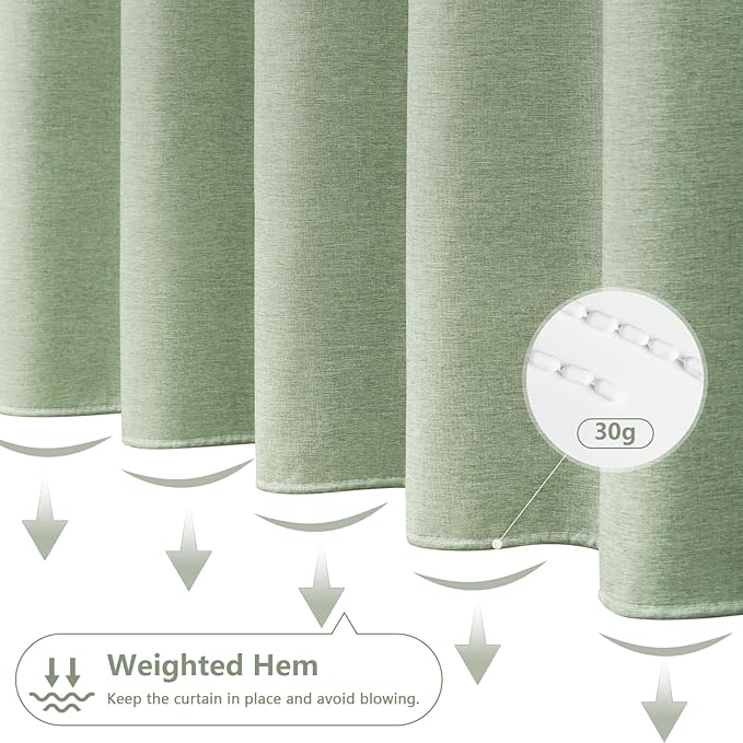 Natural Sage Green Linen Look Fabric Shower Curtain, Heavy Duty Faux Linen Textured Shower Curtain Water-Resistant, 72 x 72 Inch Soothing Forest Green Farmhouse Bathroom Decor Shower Curtains