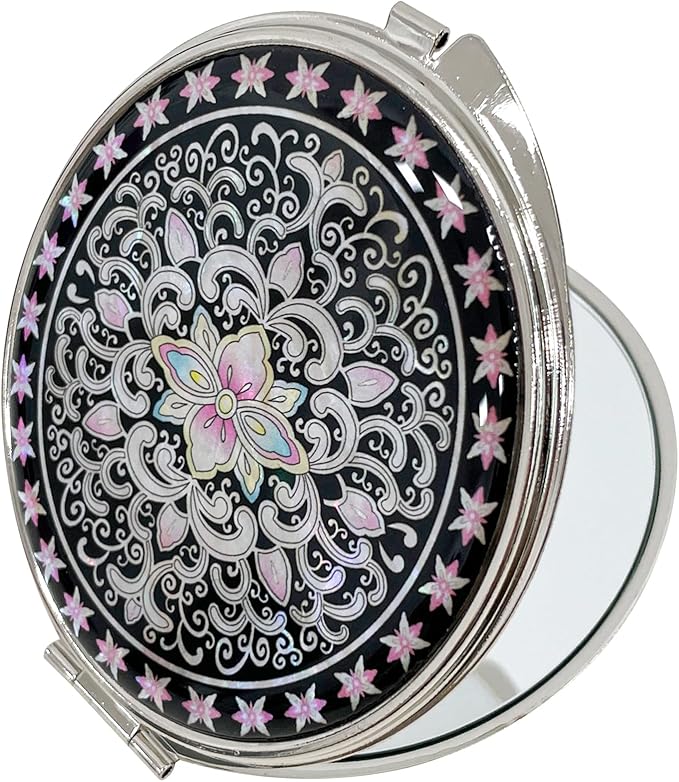 Portable Makeup Compact Double Magnifying Mirror Cosmestic Foldable Pocket Style Unique Mother of Pearl Design (Arabesque)