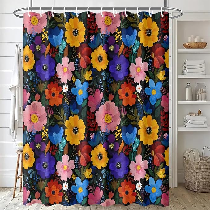Colorful Floral Shower Curtain 72x72 Inch Bold Bright Flower Print Bathroom Curtain Fabric for Boho or Maximalist Bathroom Decor