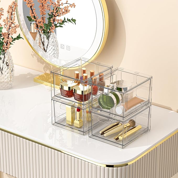 SpaceHacks 2 Pack Stackable Plastic Makeup Organizer Drawers, Acrylic Organizers, Clear Storage Bins with Pull-Out Handles for Vanity, Kitchen Cabinets, Pantry