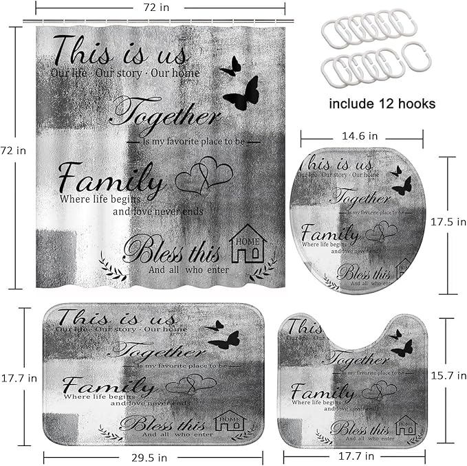Family Home Motivational Shower Curtain Set with Toilet Lid Cover and Non-Slip Rugs for Bathroom, Grey White Abstract Painting Art 4 Pcs Shower Curtain, Modern Bathroom Set with 12 Hooks