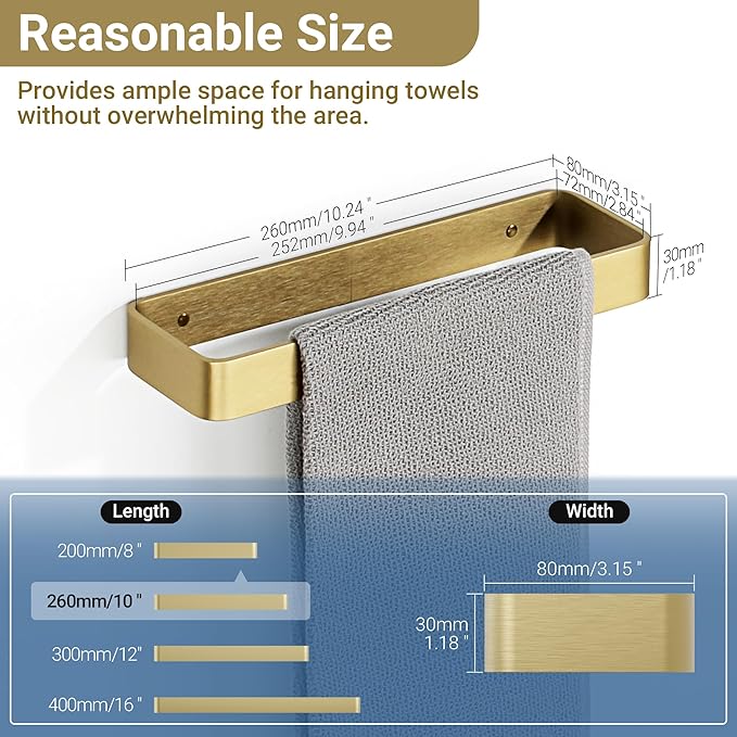 SAYAYO Brushed Gold Hand Towel Holder for Bathroom Wall, 10 Inch Self Adhesive Towel Bar Hand Towel Rack Square Heavy Duty