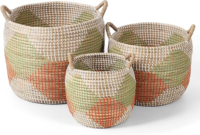 Laundry Hamper Basket Set of 3, Handwoven Natural Seagrass Storage Baskets with Handles for Home, Bedroom, Living Room & Laundry, Organization for Clothes, Toys, Blankets, 55.5L & 27.9L & 15.3L