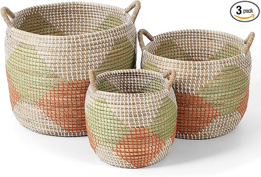 Laundry Baskets Hamper, 3 Pack Seagrass Baskets, Handwoven Woven Laundry Hamper with Handles, 56L, 28L, 15L for Decor Storage of Dirty Clothes,Toys and Blankets in Bathroom, Nursery, Living Room