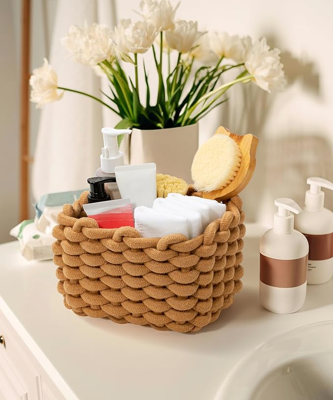 Storage Baskets 2 Pack, Macrame Woven Decorative Baskets for Vanity, Desk, Bathroom & Bedroom Organizer, Small Boho Cotton Rope Bins for Cosmetics, Office Supplies, Cream & Khaki, 7x5.5x5 Inches