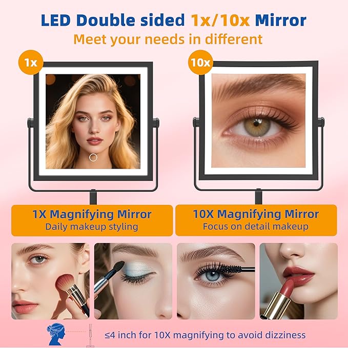 Ruacq Makeup Mirror with Lights, 4000mAh Rechargeable Magnifying Mirror with Light, 1X/10X, Height Adjustable Bathroom Vanity Mirror, 3 Colors, Adjustable Brightness (Matte Black)